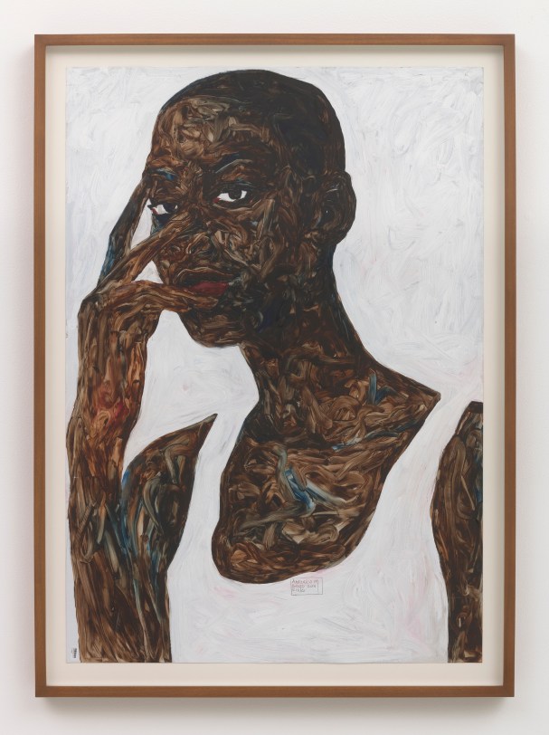 Amoako Boafo Looking Through Two Fingers, 2018 Oil on paper 39.37 x 27.56 in (100 x 70 cm)