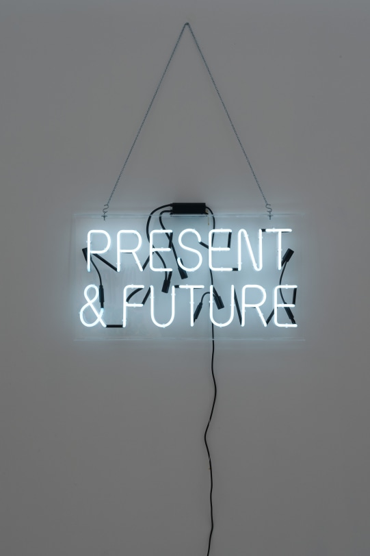 Daniel Joseph Martinez Present &amp; Future, 2012 Mixed media with white neon 37 x 20.25 x 3 in (94.0 x 51.4 x 7.6 cm)