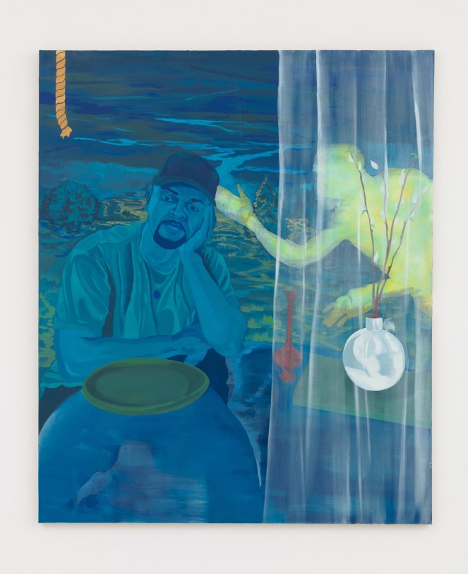 Dominic Chambers Blue DayDream (Shikeith in Blue), 2021 Oil and spray paint on linen 72 x 60 in (182.9 x 152.4 cm)