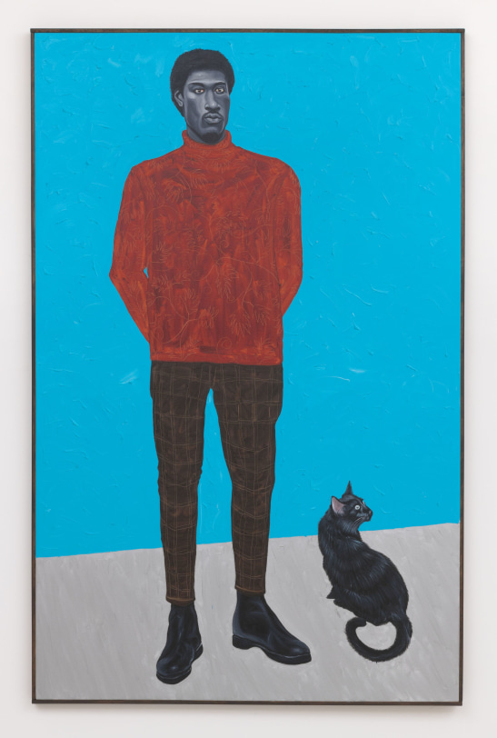 Otis Kwame Kye Quaicoe Man and his Black Cat,&nbsp;2019 Oil on canvas 86 x 54.75 in (218.4 x 139.1 cm)