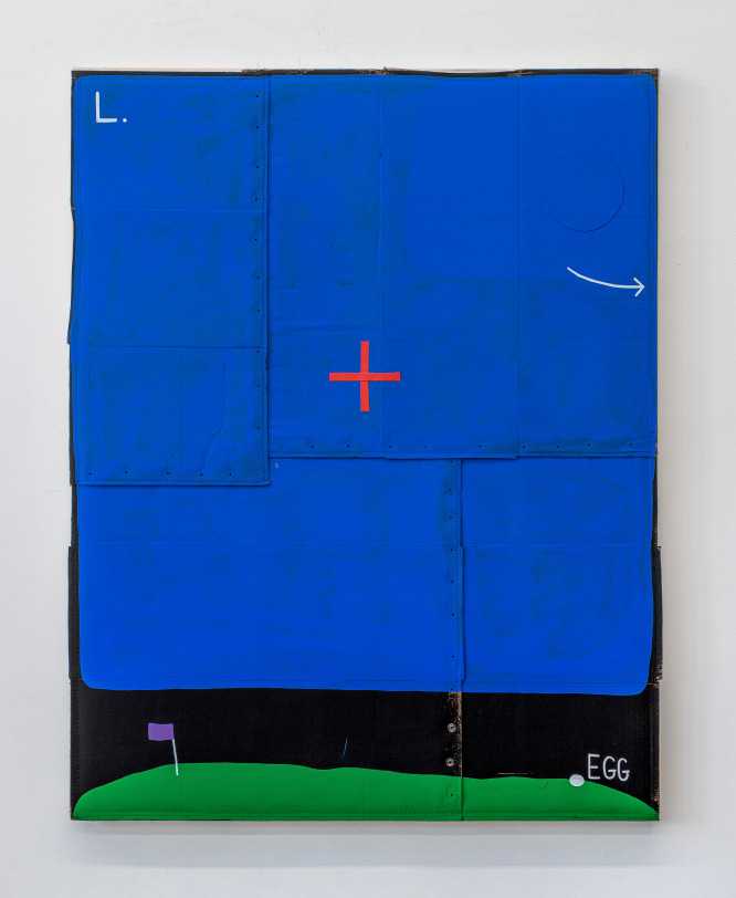 Taylor White  Sky Sight,&nbsp;2021 Acrylic, Flashe, cardboard, metal snaps sewn onto canvas 84 x 72 in (213.4 x 182.9 cm)