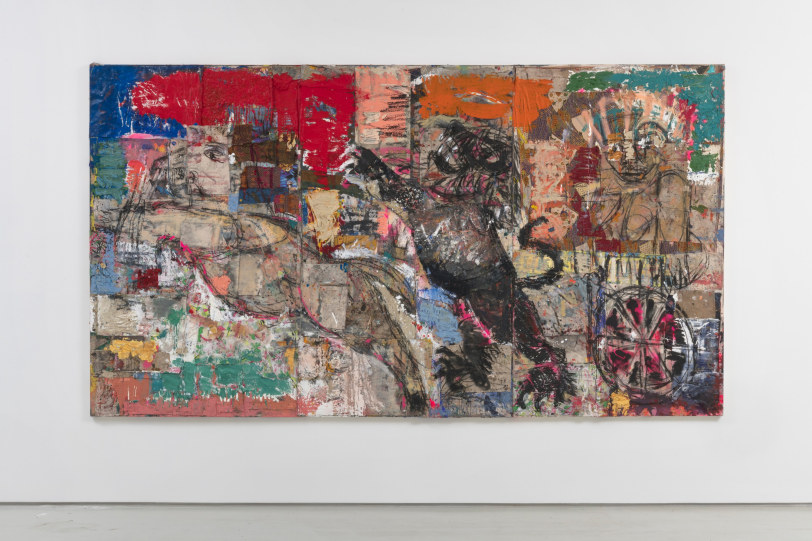 Daniel Crews-Chubb Chariot (red orange green), 2018 Oil, acrylic, spray paint, ink, charcoal, coarse pumice gel, sand, and collaged fabrics on canvas 78.75 x 141.75 in (200 x 360 cm)