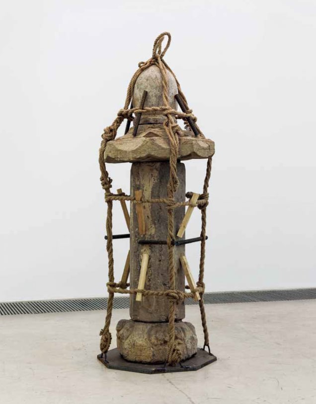 Zhao Zhao Uncertainty, 2014 Stupa (Ming, Qing dynasty), stone, wood, steel, rope, re-bar 84.25 x 28.74 x 28.74&nbsp;in (214 x 73 &times; 73 cm)