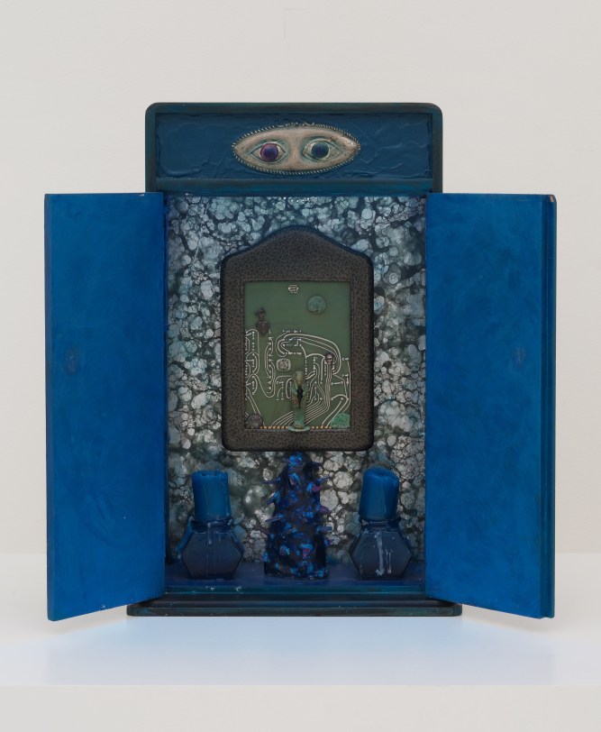 Betye Saar Indigo Illusions, 1991 Mixed media assemblage with neon 17.5 x 11.5 x 5 in (44.45 x 29.21 x 12.7 cm)
