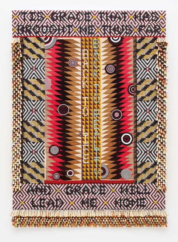 Jeffrey Gibson AMAZING GRACE, 2017 Glass beads, artificial sinew, trading post weaving, steel studs, copper and tin jingles, acrylic felt, canvas, wood 76 x 54 in (193.0 x 137.2 cm)