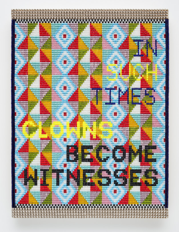 Jeffrey Gibson IN SUCH TIMES CLOWNS BECOME WITNESSES, 2017 Glass beads, artificial sinew, metal studs, acrylic felt, over wood panel 40 x 30 in (101.6 x 76.2 cm)