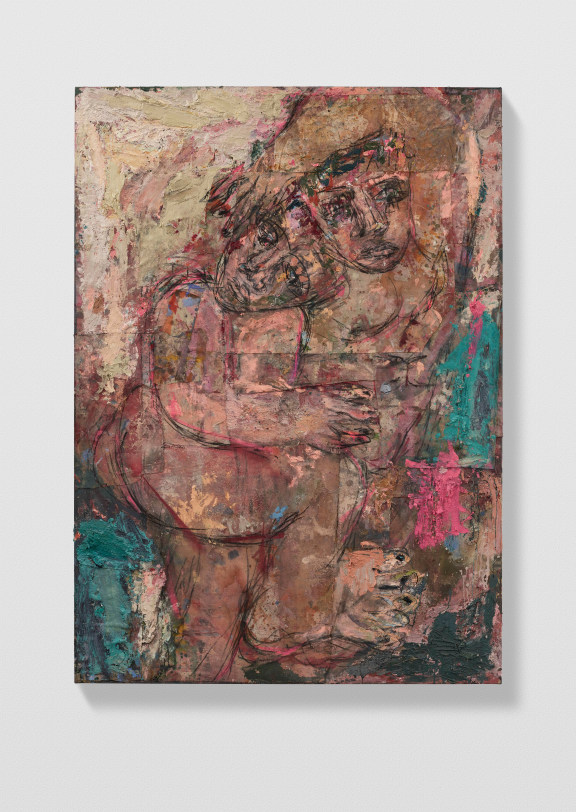 Daniel Crews-Chubb Couples 4 (cream, Veronese green and fuchsia), 2021 Oil, acrylic, pastel, ink, charcoal, spray paint and collaged fabrics on canvas