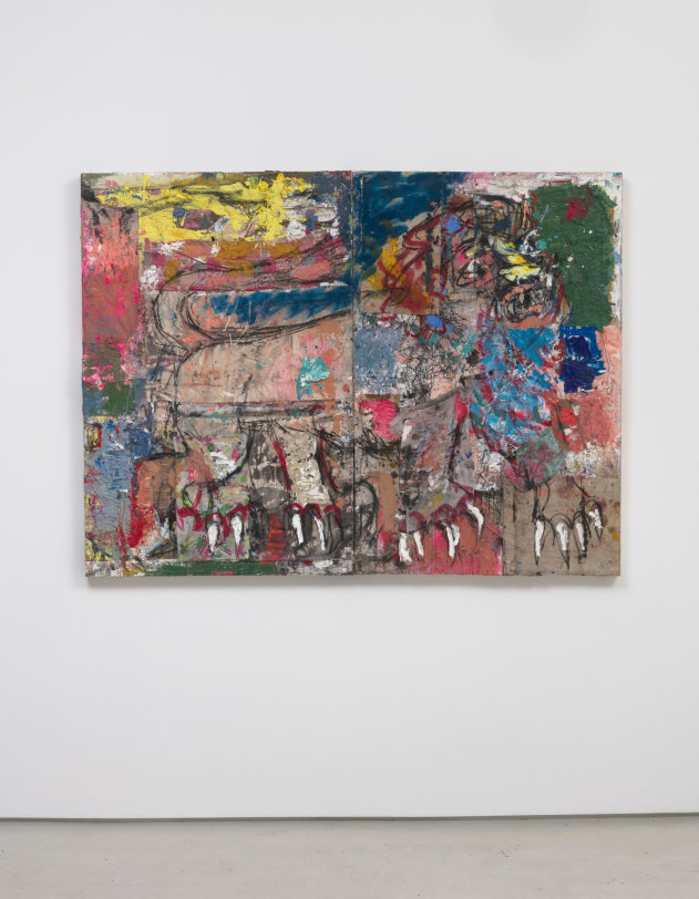 Daniel Crews-Chubb Lion (blue mane), 2018 Oil, acrylic, spray paint, charcoal, ink, coarse pumice gel, sand, wire mesh, pastel and collaged fabrics on canvas 53.12 x 70.88 in (134.9 x 180.0 cm)