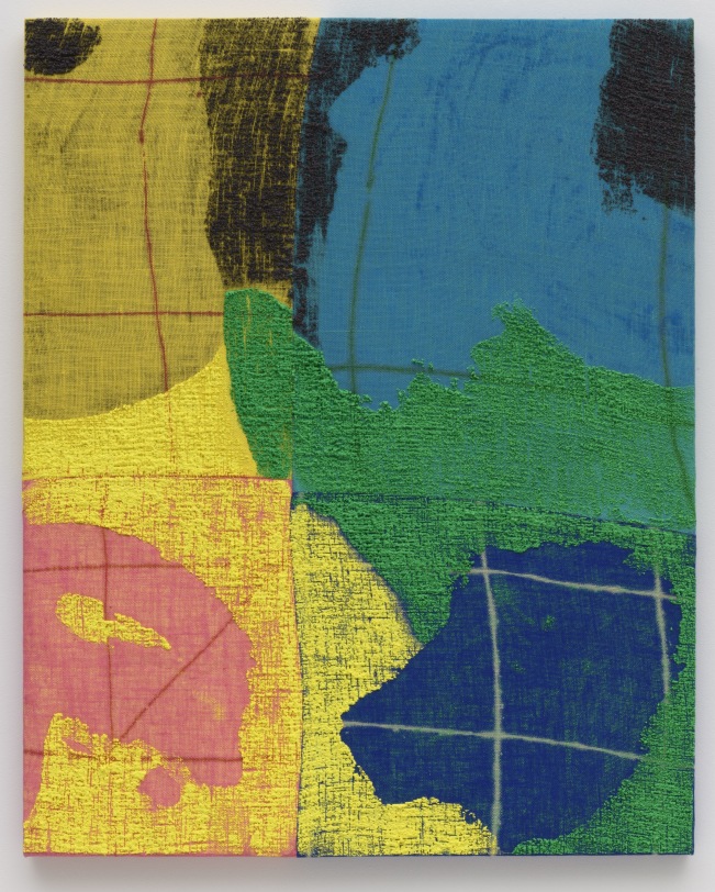 Evan Nesbit  Attachment Measures, 2020  Acrylic, ink, dye and burlap  50.125 x 40&nbsp;in ( 127.3 x 101.6 cm)