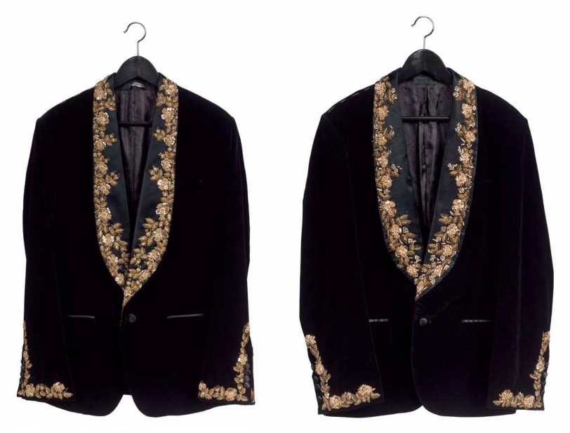 Zhao Zhao Suit, 2016 Dolce &amp; Gabbana suit, handmade suit, aluminum frame, written work 31 1/2 &times; 19 7/10 in (80 &times; 50 cm)