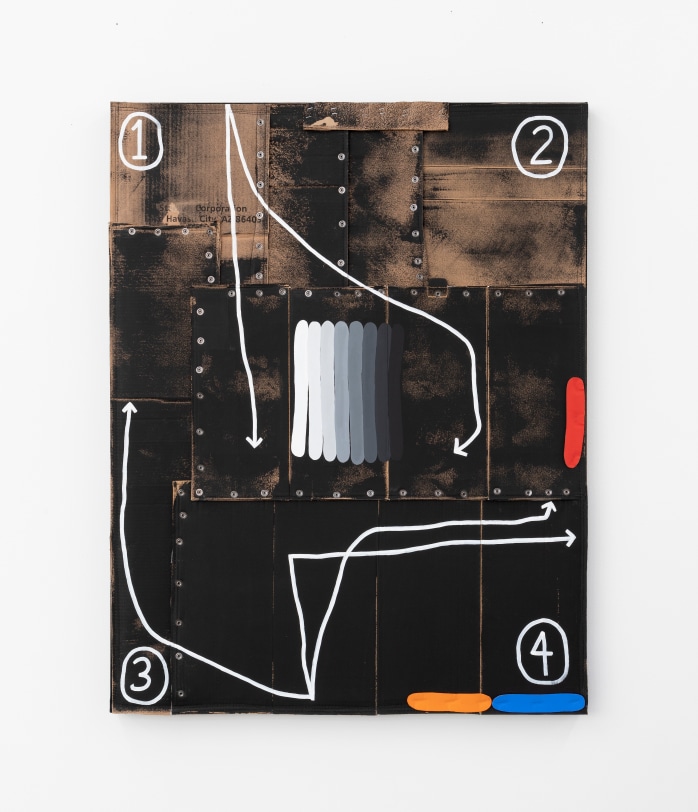 Taylor White  Escape Route, 2021  Acrylic, Flashe, cardboard, metal snaps sewn onto Tyvek  46 x 36 in (116.8 x 91.4 cm)