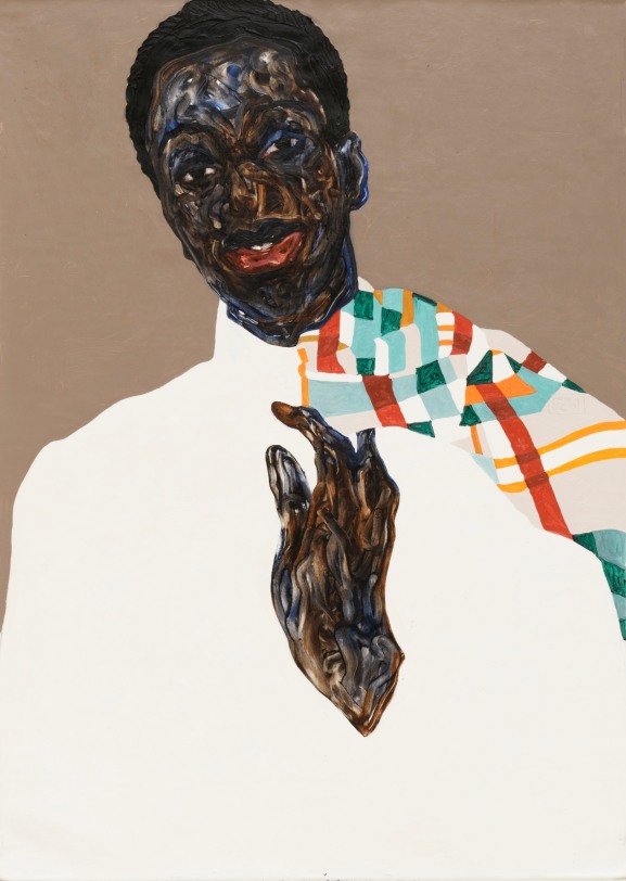 Amoako Boafo  Multicolored Overcoat, 2021  Oil on canvas  55 x 39.5 in (139.7 x 100.3 cm)