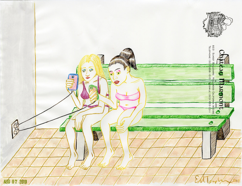 Ed Templeton, Study for a painting (Cell phone girls on a bench), 2019