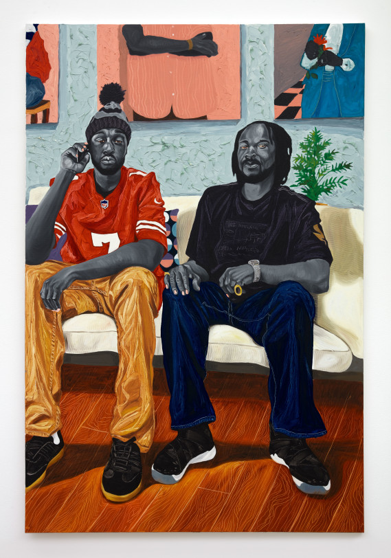 Otis Kwame Kye Quaicoe  Jokey &amp; Nana, 2020  Oil on canvas  74 x 48 in (188 x 121.9 cm)