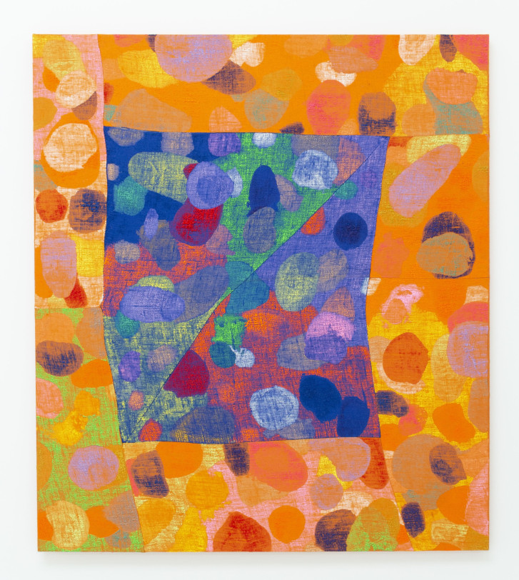 Evan Nesbit What the Sun Said Inside A Cardboard Box, 2018 Acrylic, dye, on burlap 79 x 68 in (200.7 x 172.7 cm)