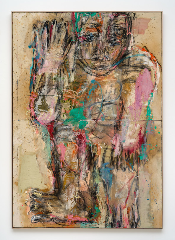 Daniel Crews-Chubb Immortal XIII, 2022 Oil, oil bar, acrylic, ink, spray paint, charcoal, sand and collaged fabrics on canvas in oak frame 102.5 x 71 in (260.4 x 180.3 cm) unframed 103.74 x 72.24 in (263.5 x 183.5 cm) framed