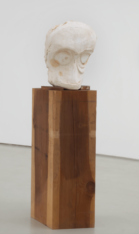Thomas&nbsp; Houseago Untitled (Plaster Head on Wood), 2009 Tuf-cal, hemp, iron rebar, California redwood, graphite, charcoal 73 x 20 x 20 in (185.4 x 50.8 x 50.8 cm)