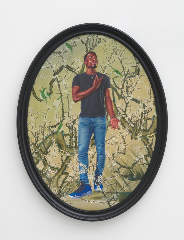 Kehinde Wiley Portrait of John Adewumi, 2023 Oil on linen 96 x 72 in (243.8 x 182.9 cm) canvas 104 x 80 x 5 in (264.2 x 203.2 x 12.7 cm) framed exhibition