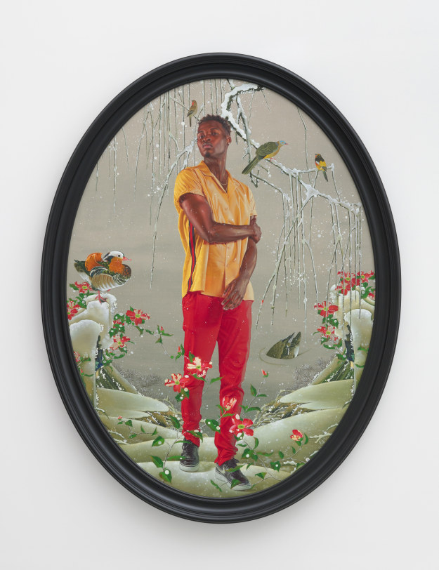 Kehinde Wiley Portrait of Malak Lunsford II, 2023 Oil on linen 96 x 72 in (243.8 x 182.9 cm) canvas 104 x 80 x 5 in (264.2 x 203.2 x 12.7 cm) framed exhibition