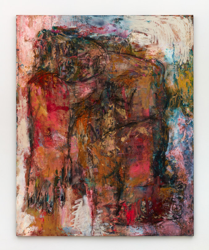 Daniel Crews-Chubb Giant (electric pink, white, yellow, blue), 2022 Oil, oil stick, acrylic, pastel, ink, spray paint, coarse pumice gel and collaged fabrics on canvas 98.43 x 78.74 in (250 x 200 cm)