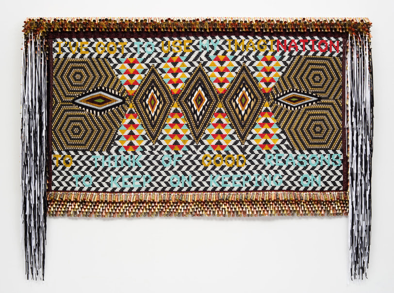 Jeffrey Gibson TO MY NATION, 2017 Glass beads, artificial sinew, trading post weaving, metal studs, copper and tin jingles, nylon fringe, acrylic felt, canvas, wood 70 x 91 in (177.8 x 231.1 cm)