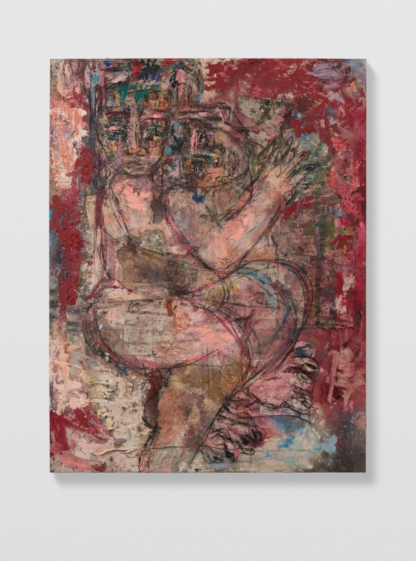 Daniel Crews-Chubb Couples 1 (red), 2021 Oil, acrylic, pastel, ink, charcoal, spray paint and collaged fabrics on canvas 82.68 x 62.99 x 1.38 in (210 x 160 x 3.5 cm)