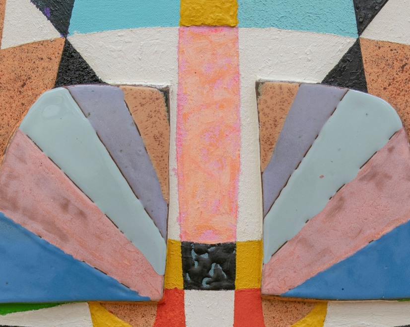 portion of a mixed media artwork consisting of colorful ceramic and paint 