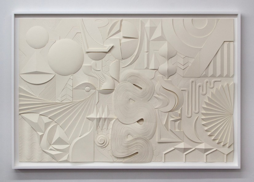 cream-colored monochromatic bas-relief with abstract geometric and organic forms