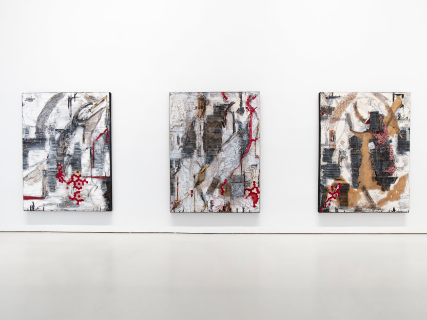 installation view of three Peter Sacks paintings