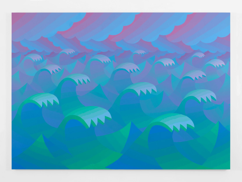 seascape of blue and green geometric waves and pink and purple clouds in the background