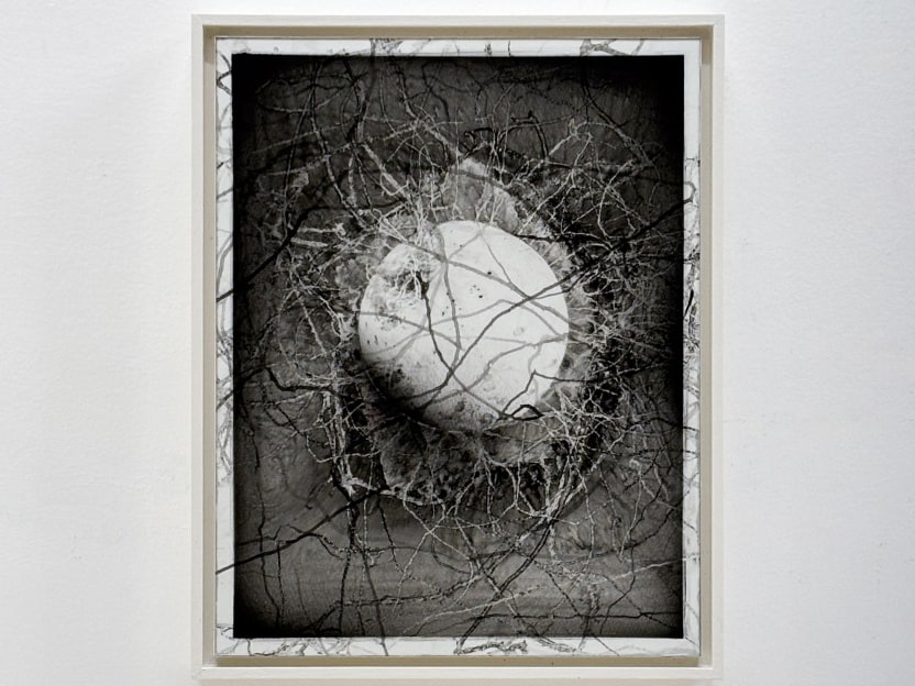 framed artwork consisting of a black and white drawing overlaid with a piece of glass with abstract lines of ink, looks like a wet plate photograph of a sphere hitting water. 