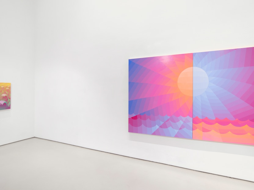 white walled gallery with large pink, orange, and blue diptych painting of a sun on the right and a smaller magenta and orange painting of waves of the left wall