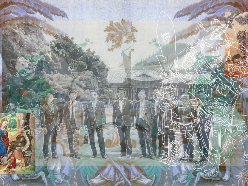 painting of a tropical landscape layered with an archival photo of a group of men overpainted with elements such as the outline of a warrior figure and a mythological dragon
