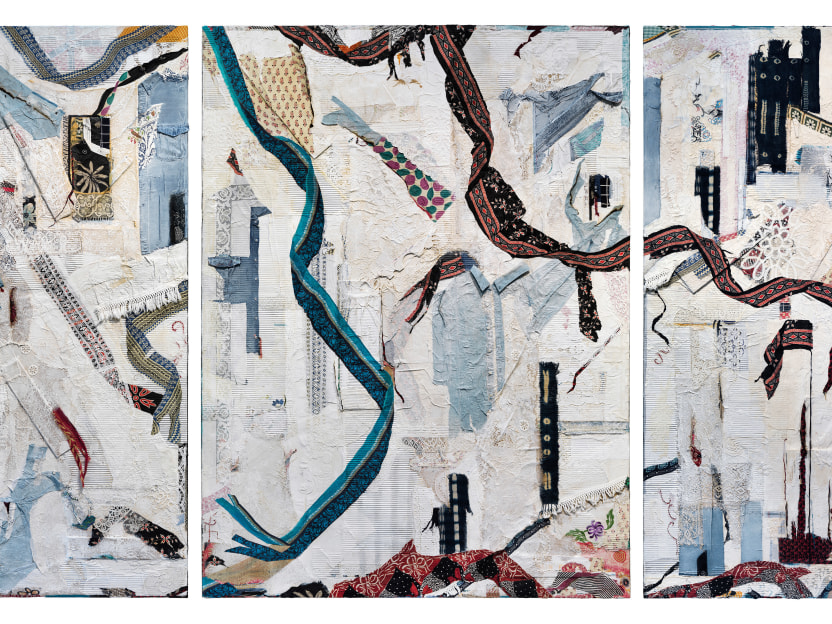 large-scale abstract triptych painting made from collaged textiles