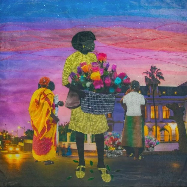 Woman in center in bright clothes, one wearing yellow dress and shoes holding a basket filled with flowers. Three women with backs turned stand behind her, with two flower baskets. A large white house and palm tree on the right with car driving towards figures on left. Blue, purple, red and pink sunrise hover above the women. 