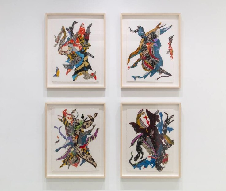 Four framed abstract compositions hung in a grid pattern, each consisting of various vibrantly colored textiles pressed and glued into shapes which suggest dancing figures.