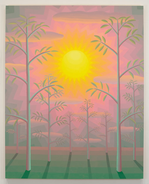 landscape with a radiant central sun surrounded by tall trees and a pink sky