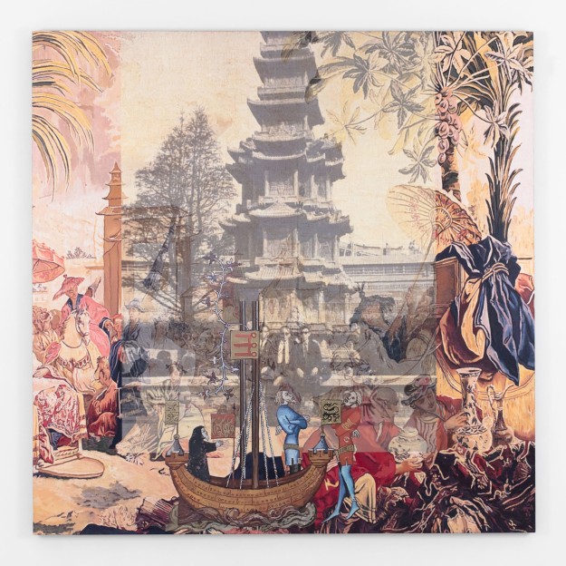 A square painting with overlayed images of a market, a group of men in front of a tower and an illustration of figures on a boat.