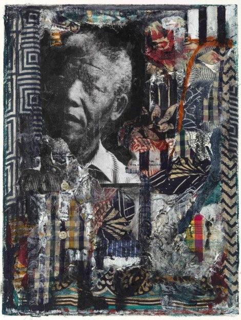 portrait of Nelson Mandela collaged with a variety of South African textiles