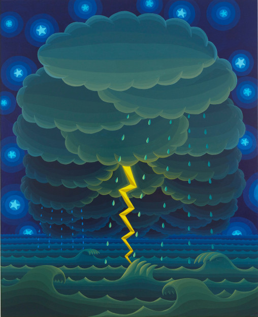 a storm cloud hovers above the sea as a bright yellow bolt of lightning strikes