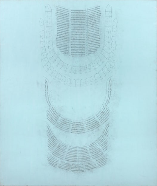 the Carnegie Hall seating plan rendered in graphite on a canvas with a pale blue background