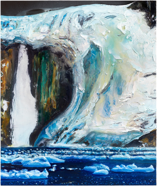 A large sheet of ice and snow falling into dark blue water with ice. A bright white column of ice descends from a rocky cliff.