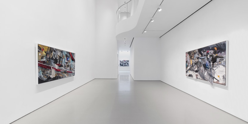 gallery installation view with two large multimedia works hung on opposing walls