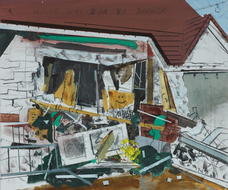 painting of the front of a house that has been crashed into by heavy machinery