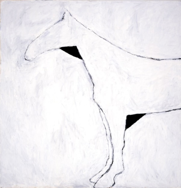 Black outline of a horse's profile, against a white and grey background