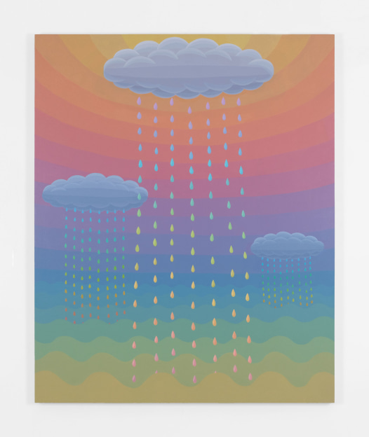 rain falls from three fluffy clouds against a seascape with waves and rainbow hued bands of color in the sky