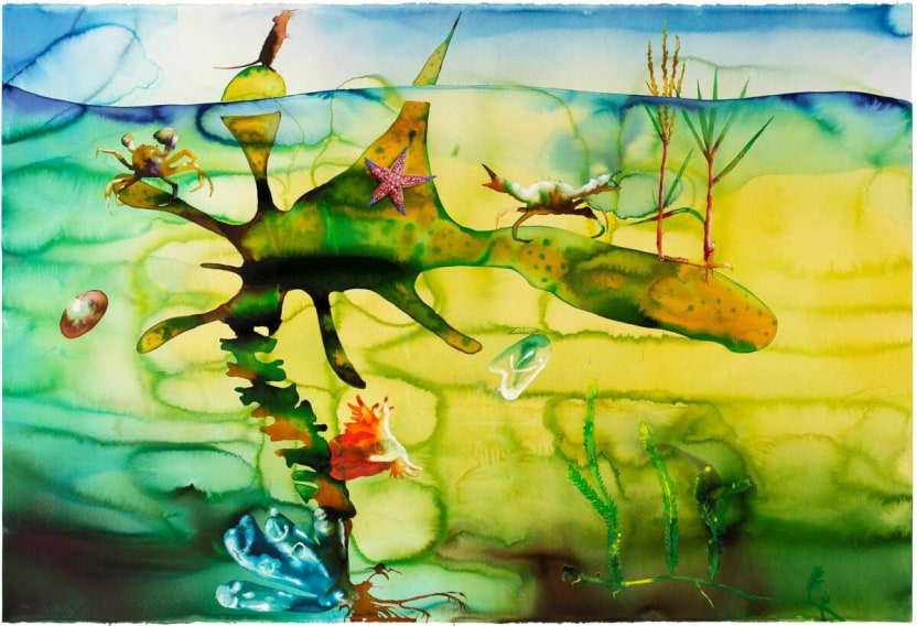 A blue and green watercolor painting of a sea plant surrounded by crabs, jellyfish and small sea creatures, with a small mouse standing on top looking into the sky.