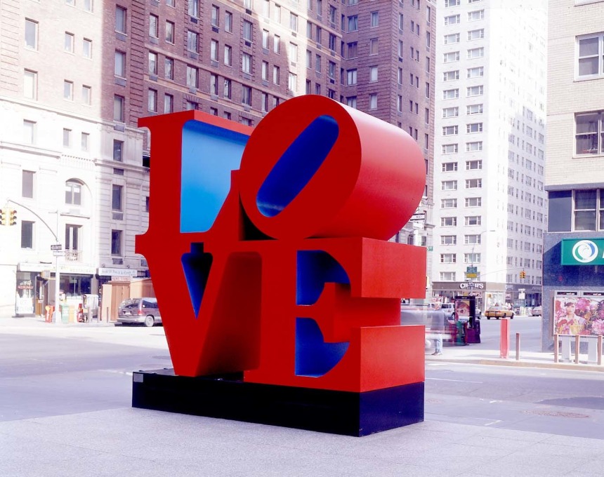 Indiana's monumental red and blue LOVE sculpture on display at the corner of 55th Street and Sixth Avenue
