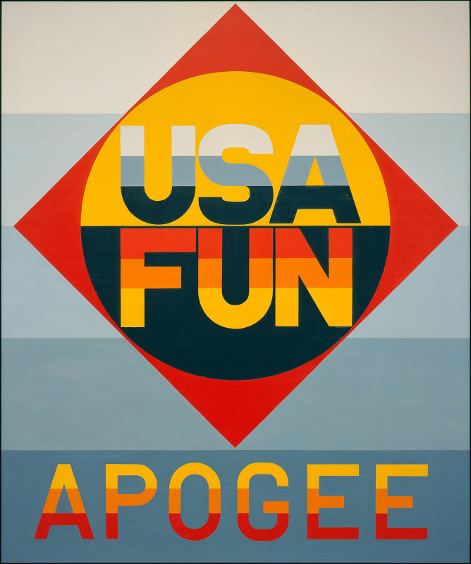 A painting with a background of horizontal gray stripes of different shades, dominated by an orange triangle with a circle, the top half yellow with the text "USA" and the bottom half black with the text "FUN". Below is the painting's title, "Apogee", in yellow, orange, and red horizontal stripes