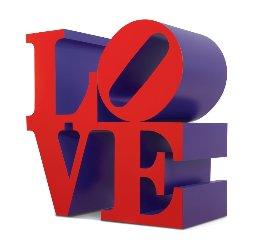 Robert Indiana's LOVE sculpture with red faces and violet sides; the letter L and a tiled O rest atop the letters V and E